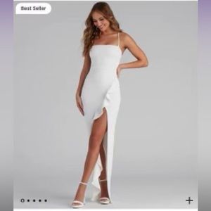 Windsor white long formal dress with ruffle split